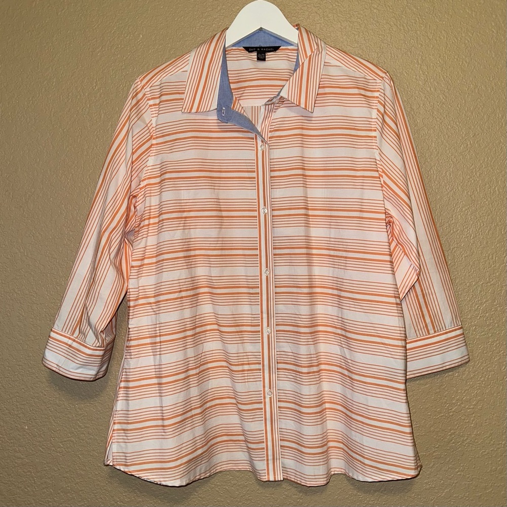 Zac & Rachel Shirt Womens XL Orange White Stripe Button Front Shirt Top